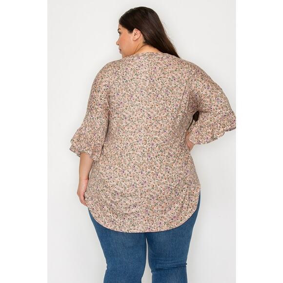 057 Curvy Lovey Flower Print Tunic Top With Double Ruffle Sleeves in Taupe - Picture 3 of 5